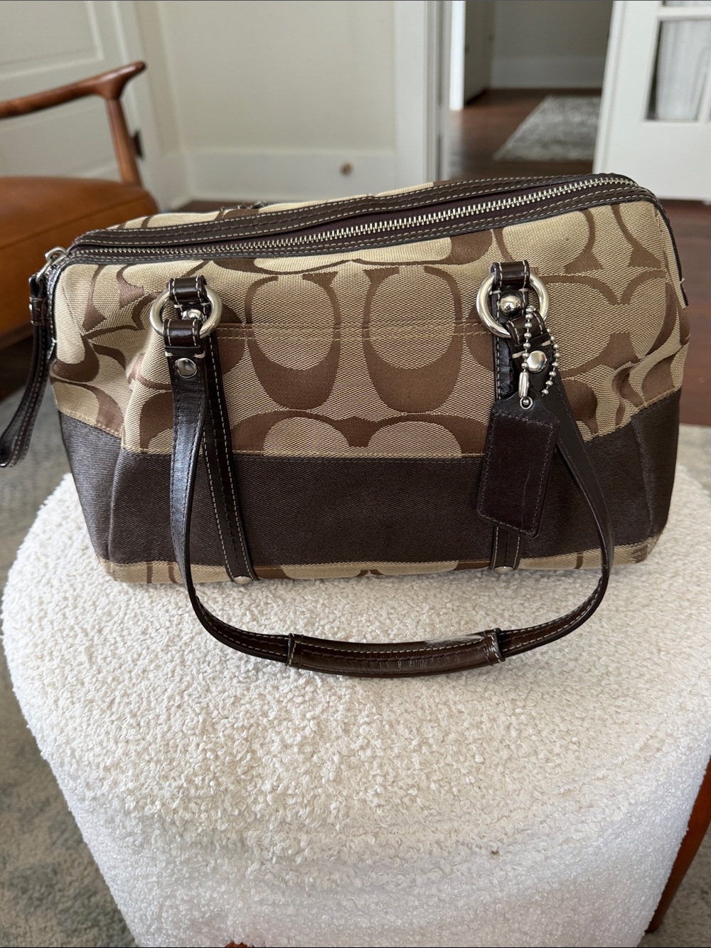Coach Brown Signature Canvas Satchel with Dark Leather Trim